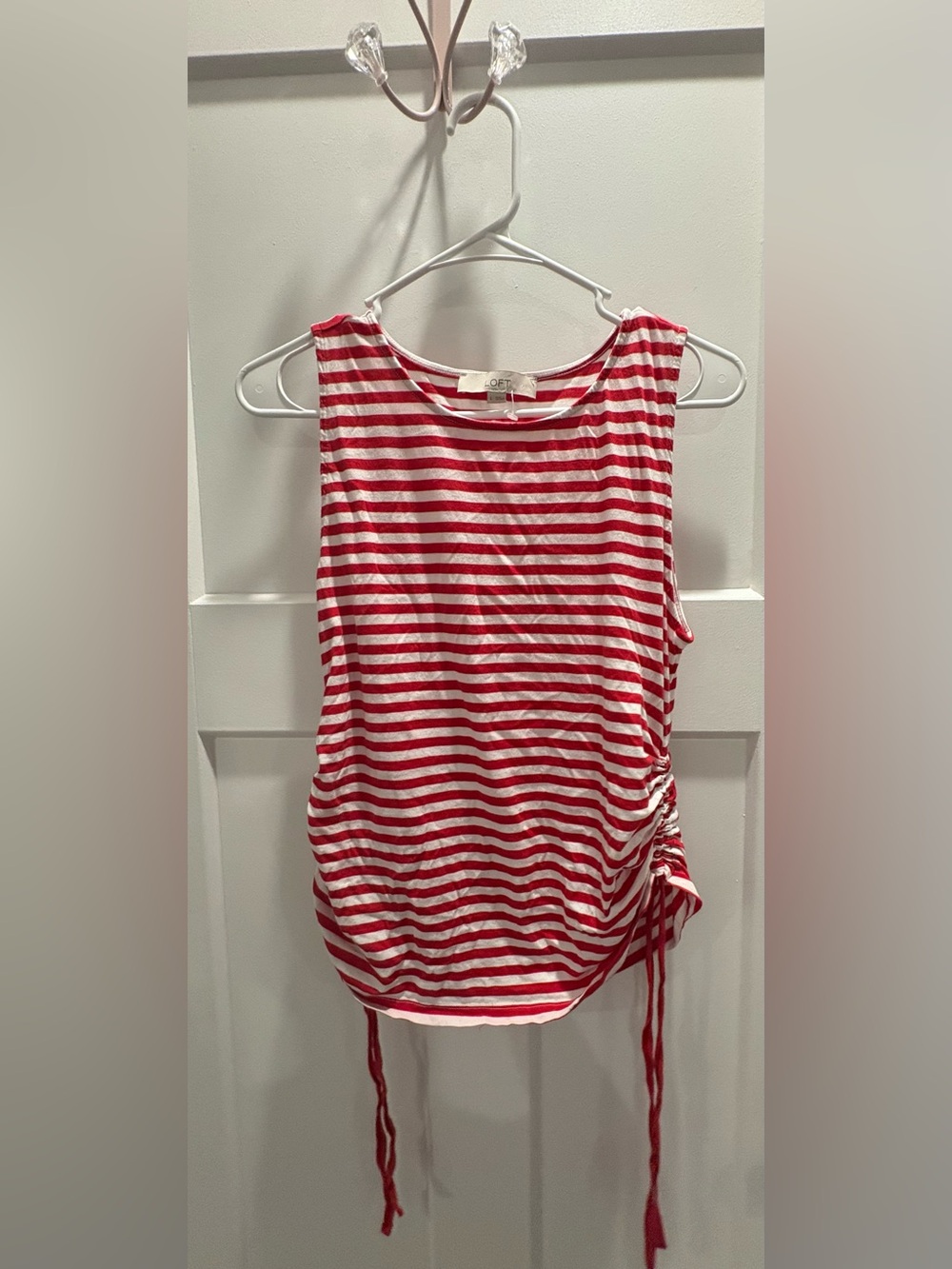 LOFT Red & White Striped Sleeveless Side-Ruched Tank